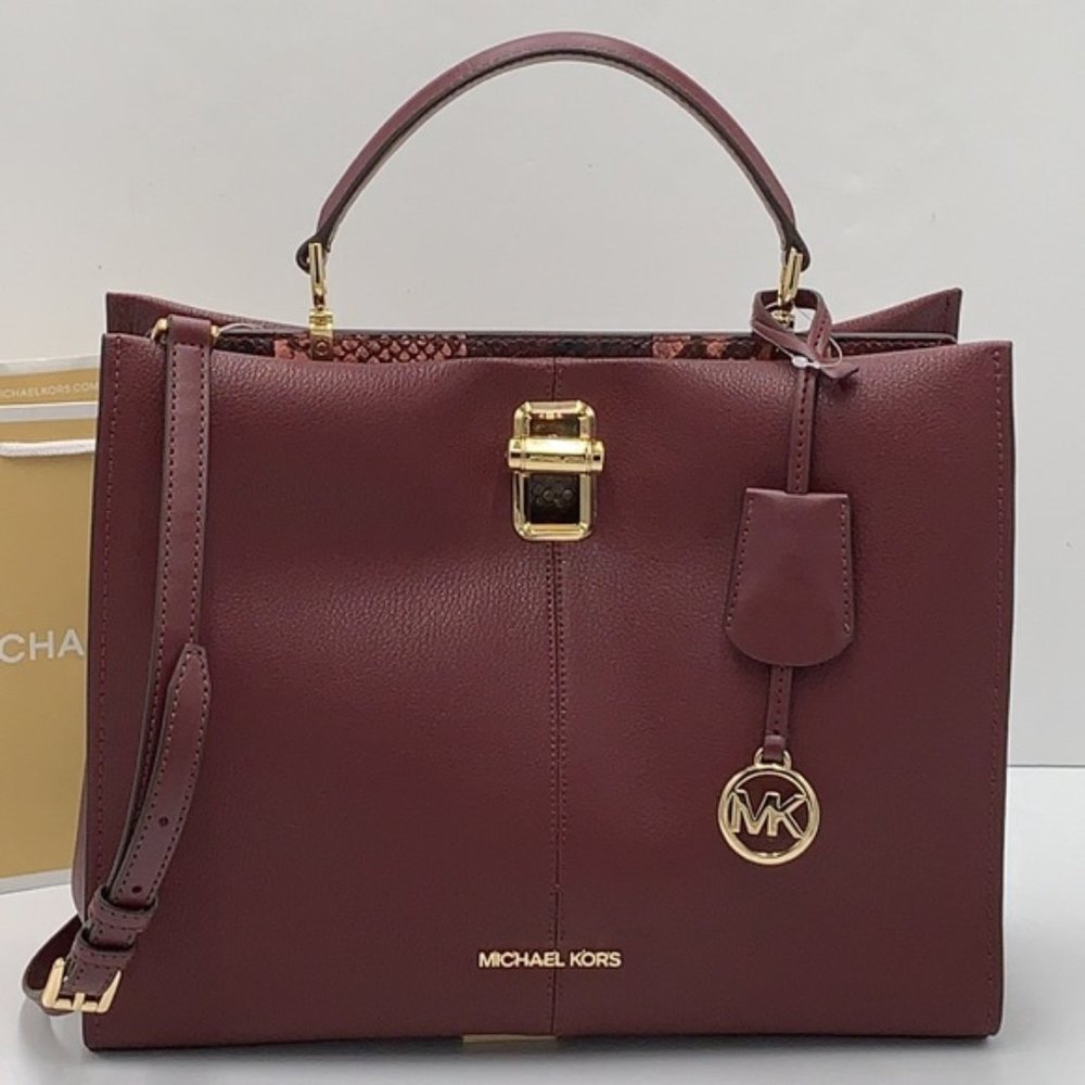 Michael Kors Penelope Large Top Handle Satchel Merlot Multi Color Leather - Picture 7 of 16
